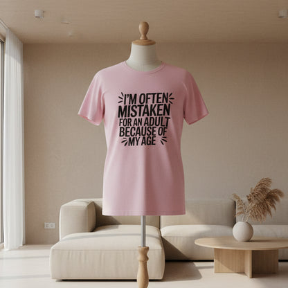 Person wearing a pink t-shirt that says "I'm often mistaken for an adult because of my age" on a white background