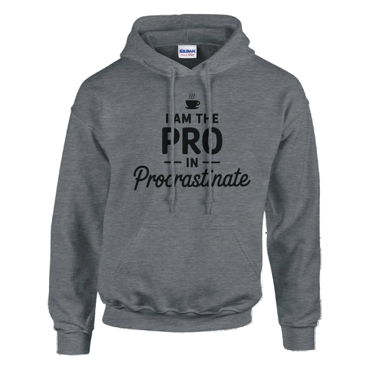 Gray hoodie with text 'I am the pro in procrastinate' on a white background
