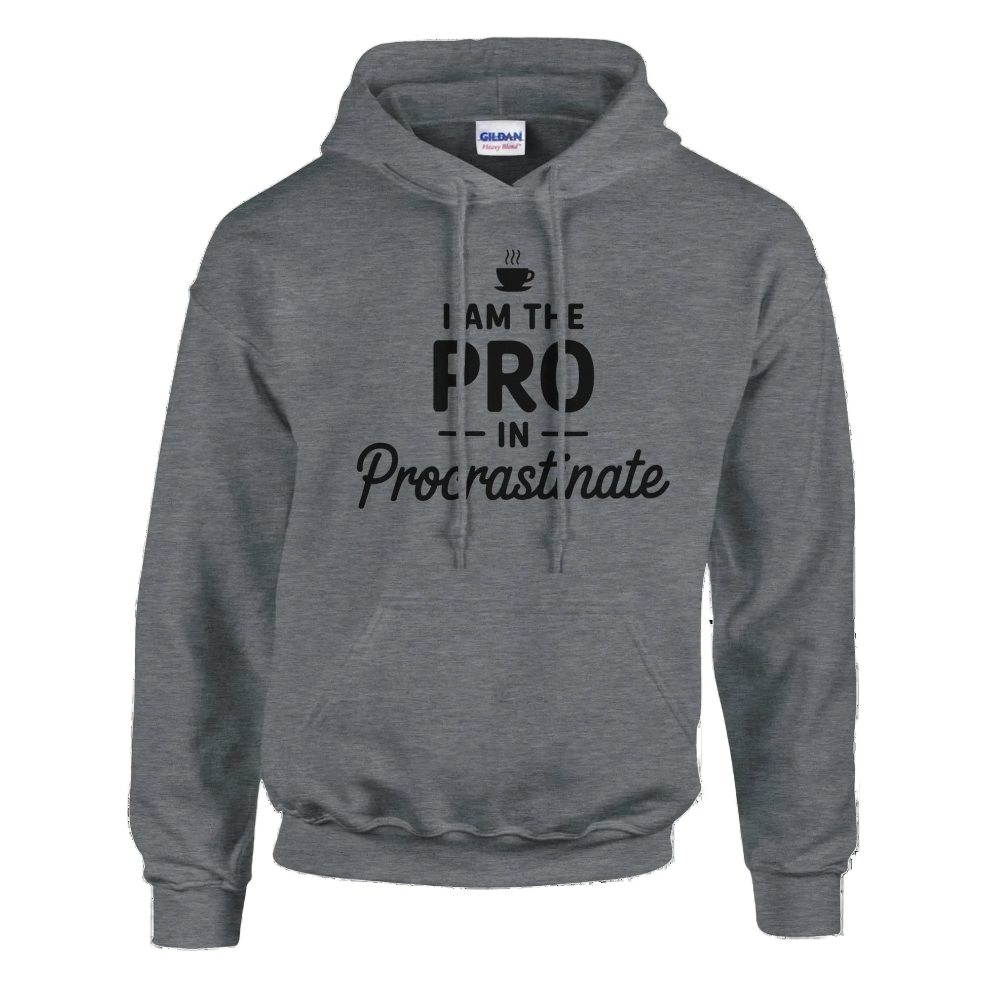 Gray hoodie with text 'I am the pro in procrastinate' on a white background
