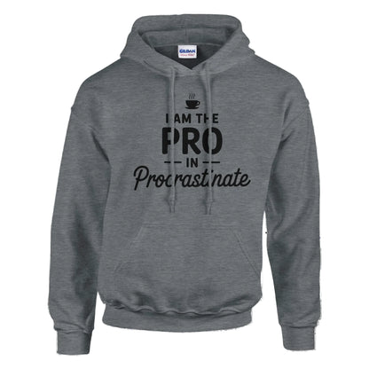 Gray hoodie with text 'I am the pro in procrastinate' on a white background