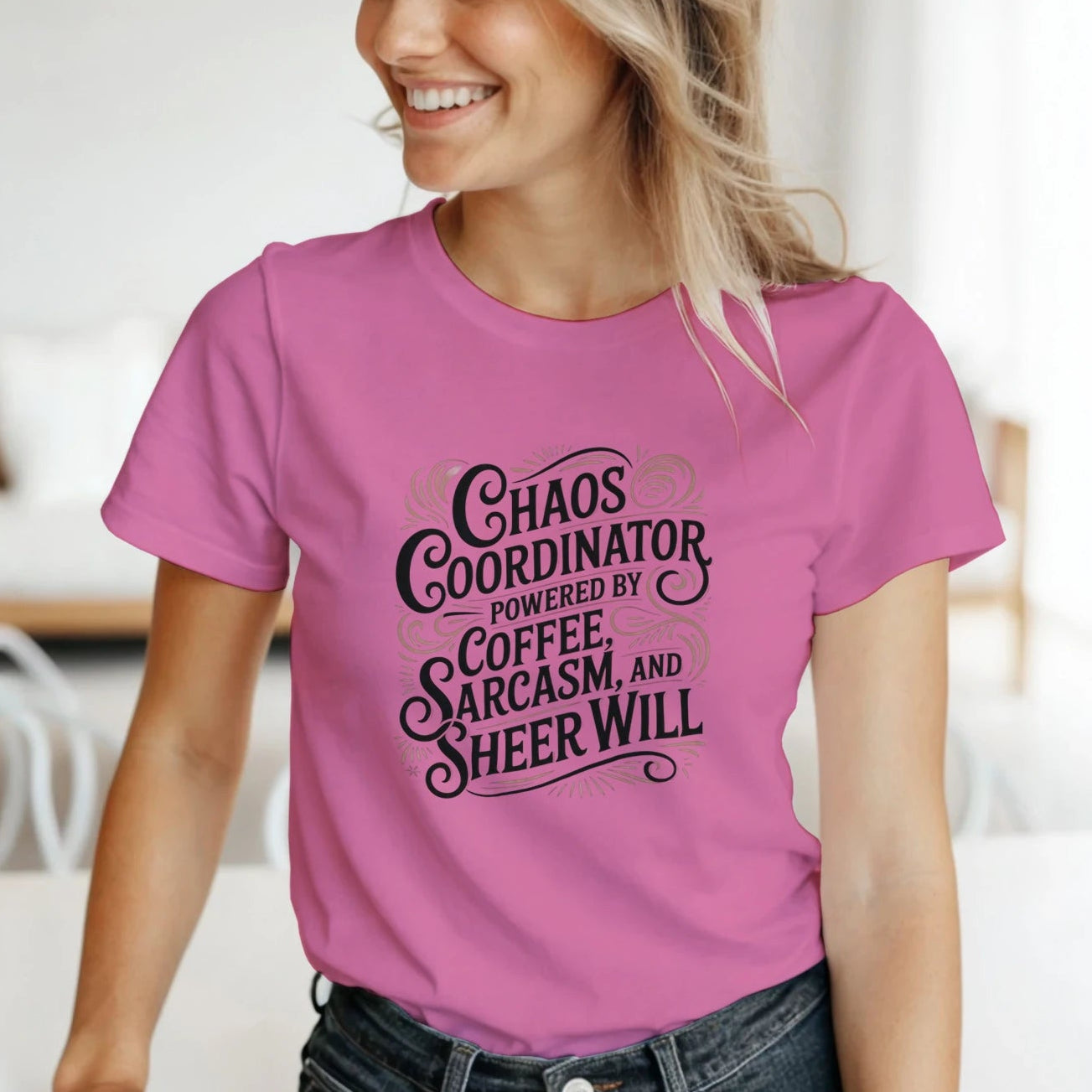 Front view of Chaos Coordinator t-shirt, soft unisex tee with funny sarcastic text design