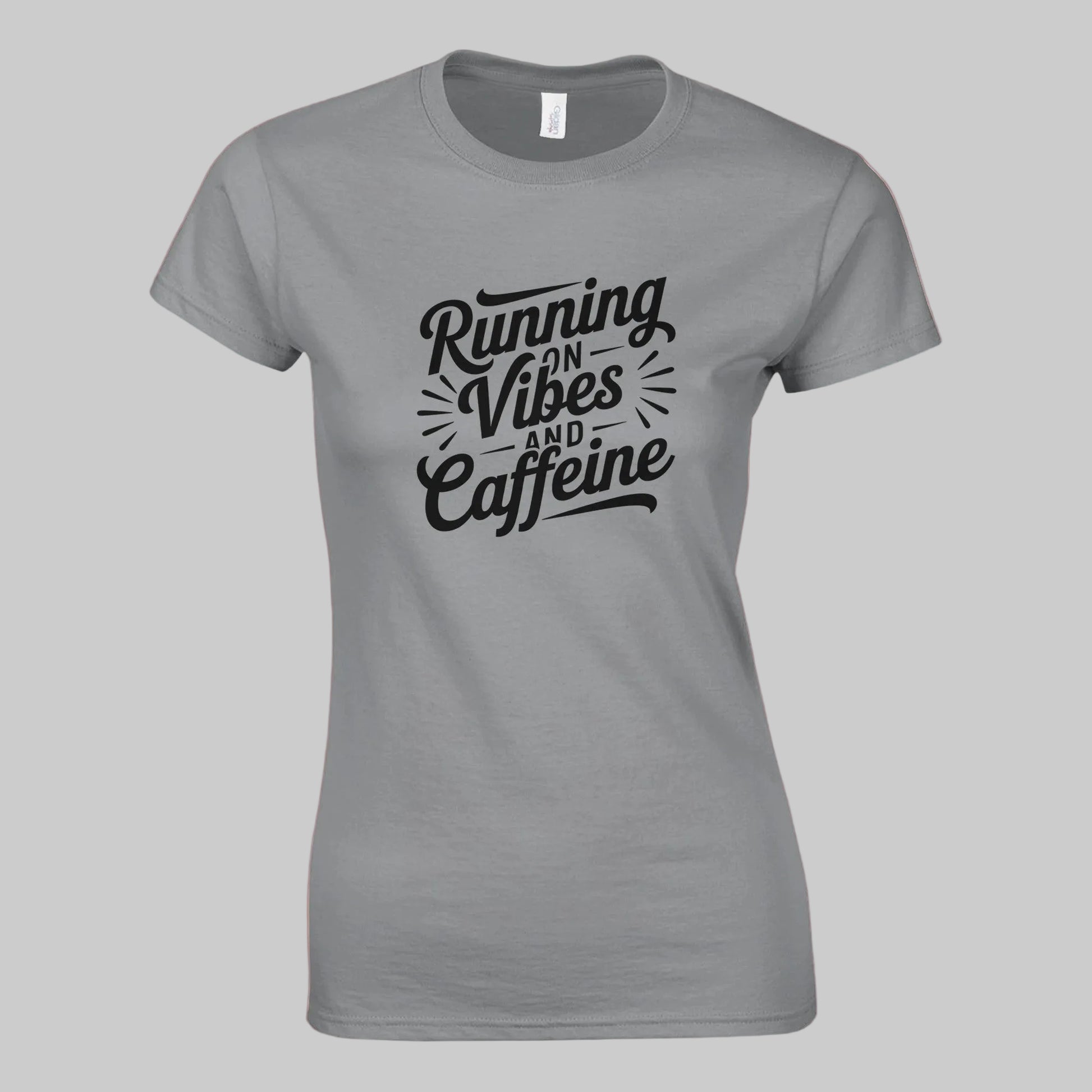 Women’s fitted “Running on Vibes” T-shirt, soft lightweight fabric, curved silhouette, light neutral color.