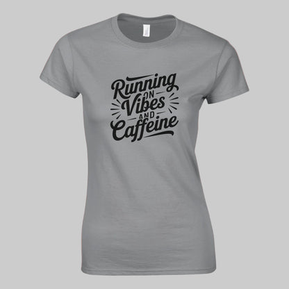 Women’s fitted “Running on Vibes” T-shirt, soft lightweight fabric, curved silhouette, light neutral color.