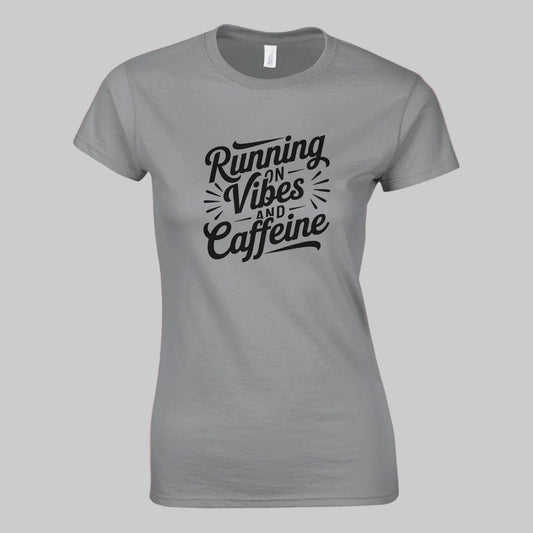 Women’s fitted “Running on Vibes” T-shirt, soft lightweight fabric, curved silhouette, light neutral color.