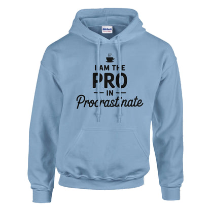 Light blue hoodie with text 'I am the pro in procrastinate' on a white background