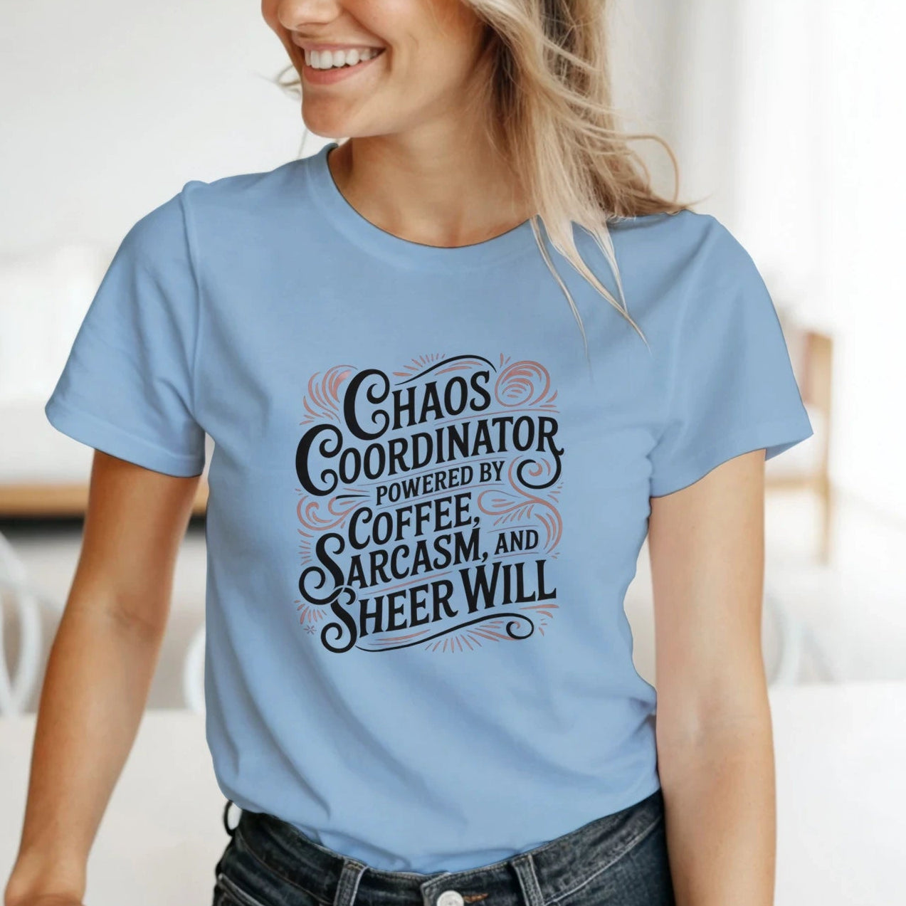 Front view of Chaos Coordinator t-shirt, soft unisex tee with funny sarcastic text design