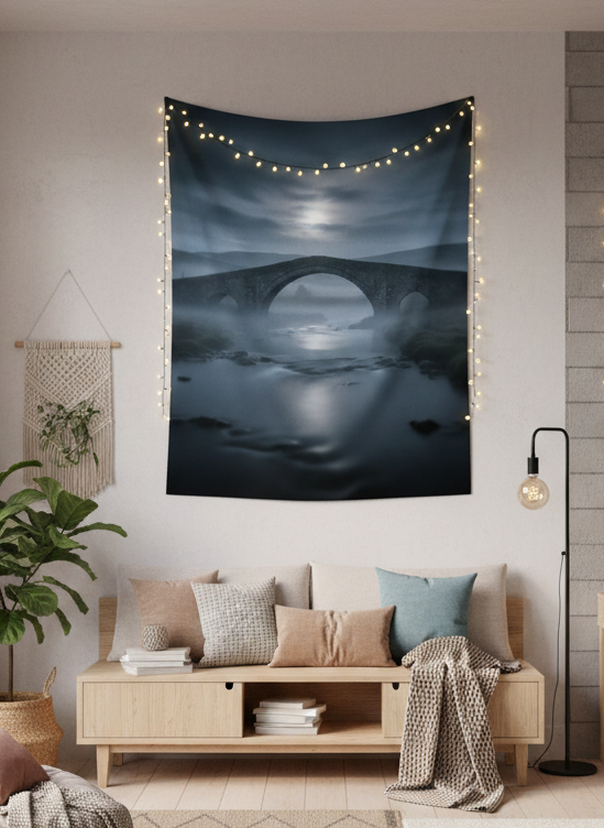Living room with wall tapestries of a bridge over water, string lights, and a cozy sofa.