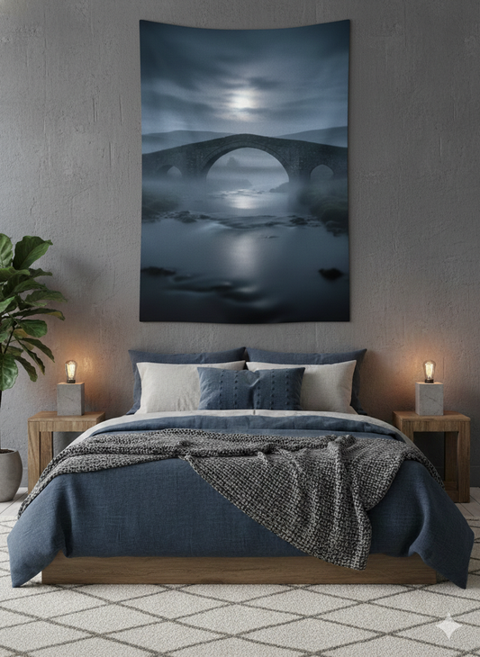 Bedroom with a large wall tapestry of a moonlit bridge over water.