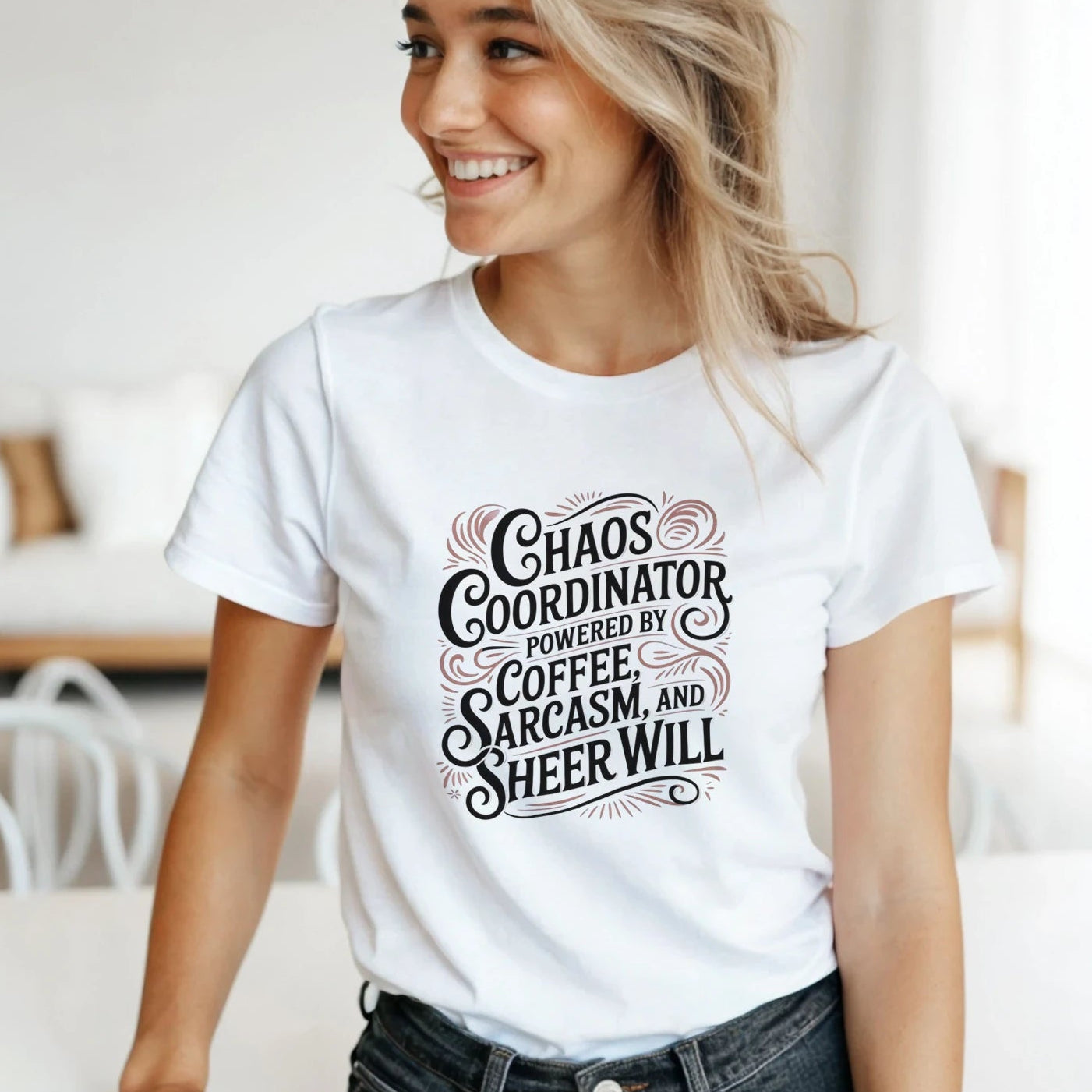 Front view of Chaos Coordinator t-shirt, soft unisex tee with funny sarcastic text design