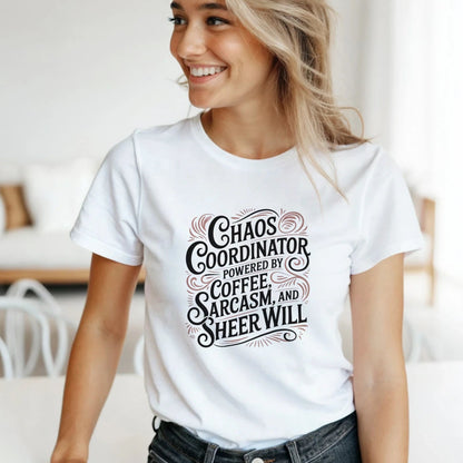 Front view of Chaos Coordinator t-shirt, soft unisex tee with funny sarcastic text design