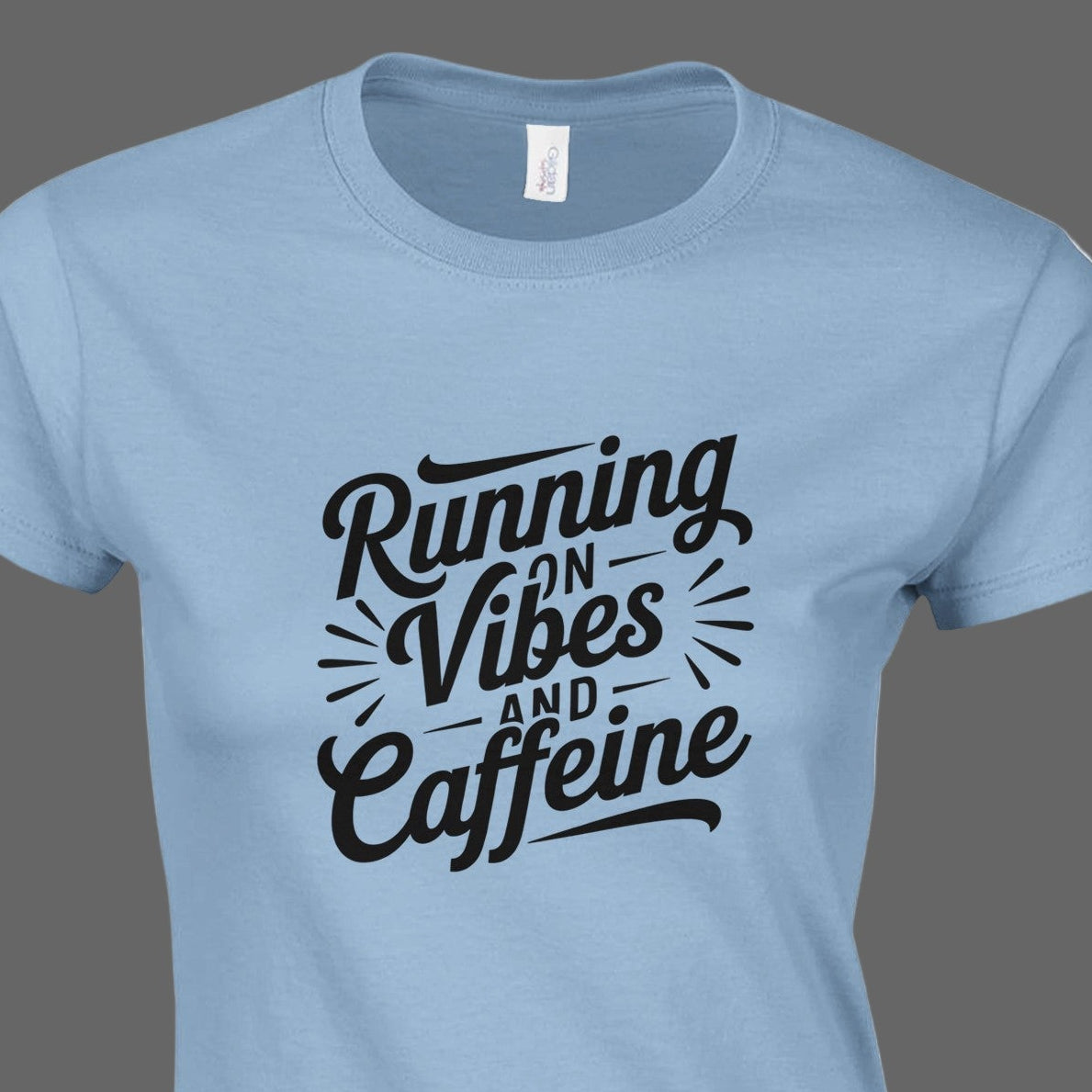 Women’s fitted “Running on Vibes” T-shirt, soft lightweight fabric, curved silhouette, light neutral color.