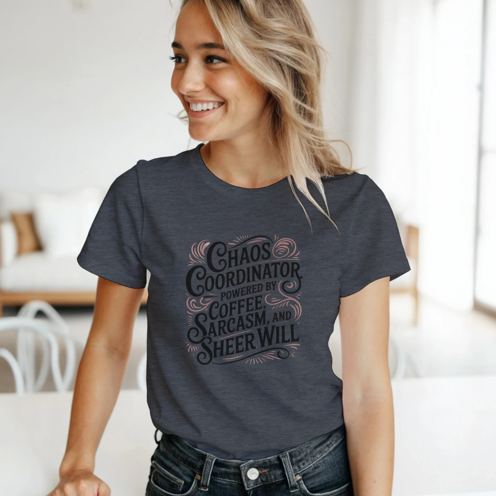 Front view of Chaos Coordinator t-shirt, soft unisex tee with funny sarcastic text design