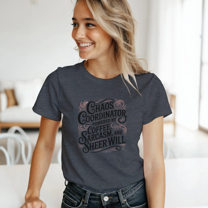 Front view of Chaos Coordinator t-shirt, soft unisex tee with funny sarcastic text design