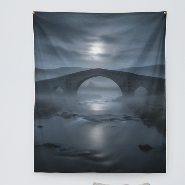 Tapestry of a bridge over water hanging above a bed with pillows and a nightstand.