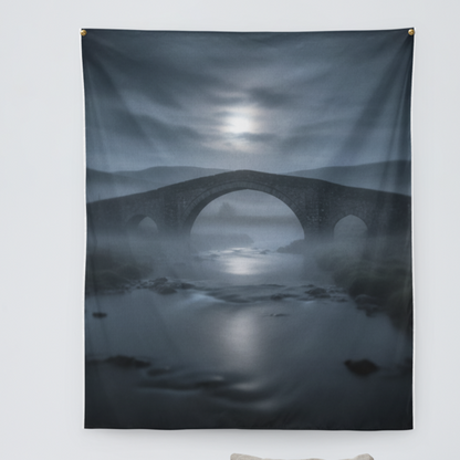 Tapestry of a bridge over water hanging above a bed with pillows and a nightstand.